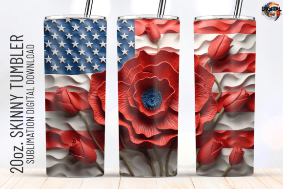 3D American Flag Red Tulips Tumbler Wrap Graphics