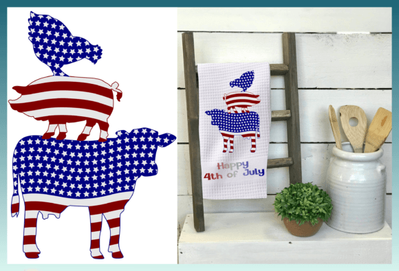 Cow Pig Chicken Trio USA Flag July 4th Graphics
