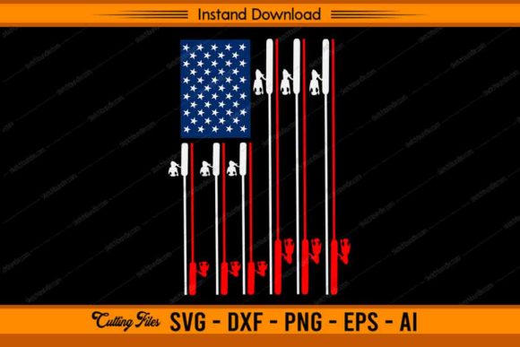 Fishing Rod US Flag Cute Fish Hunting Graphics for Crafts